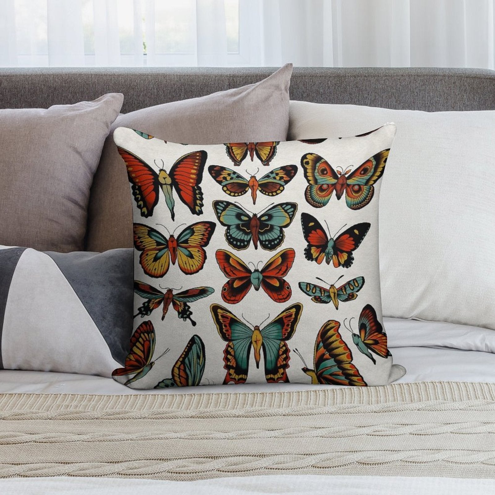 Butterflies Traditional Tattoo Flash Soft Fade-Resistant Throw Pillow
