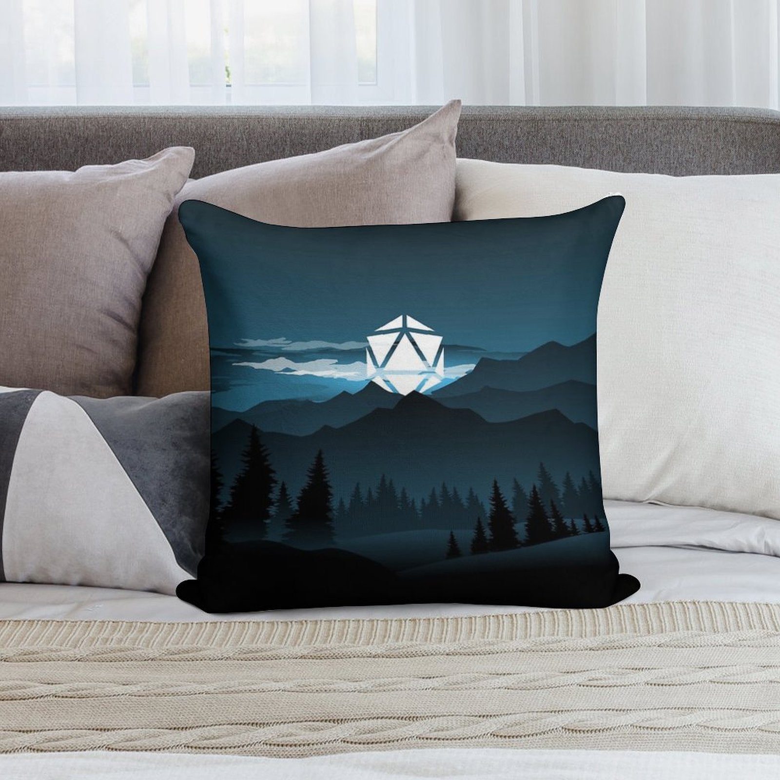 Mountain Full Moon D20 Dice Tabletop RPG Maps And Landscapes Soft Short Plush Fabric Throw Pillow