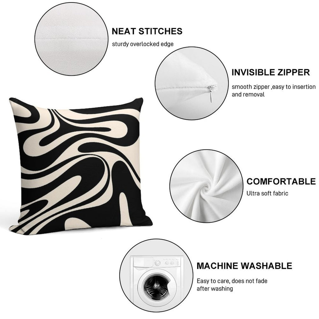 Retro Fantasy Swirl Abstract in Black And Almond Cream Soft Fade-Resistant Throw Pillow