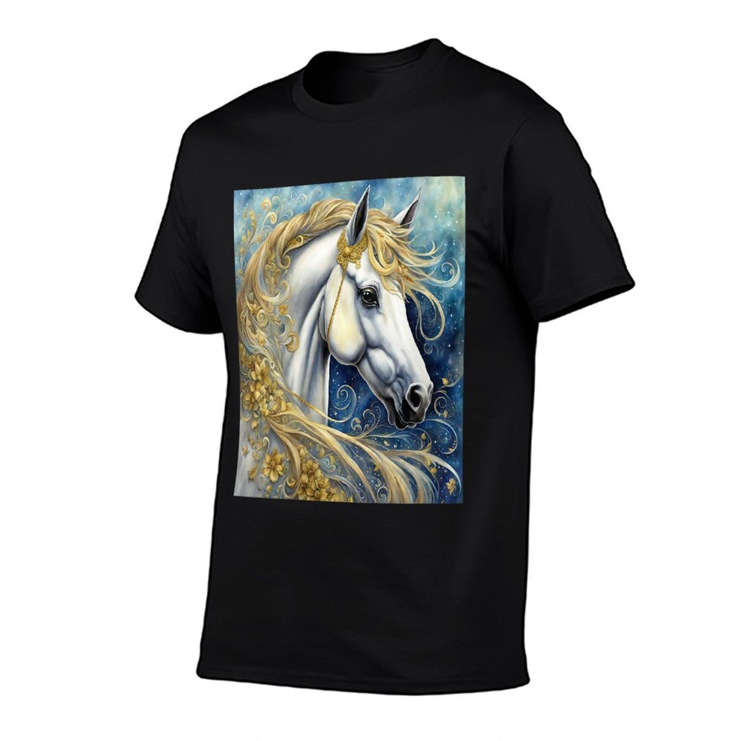 Womens Celestial White Horse in Night Sky Twilight And Flowers  Polyester Blend T-Shirt