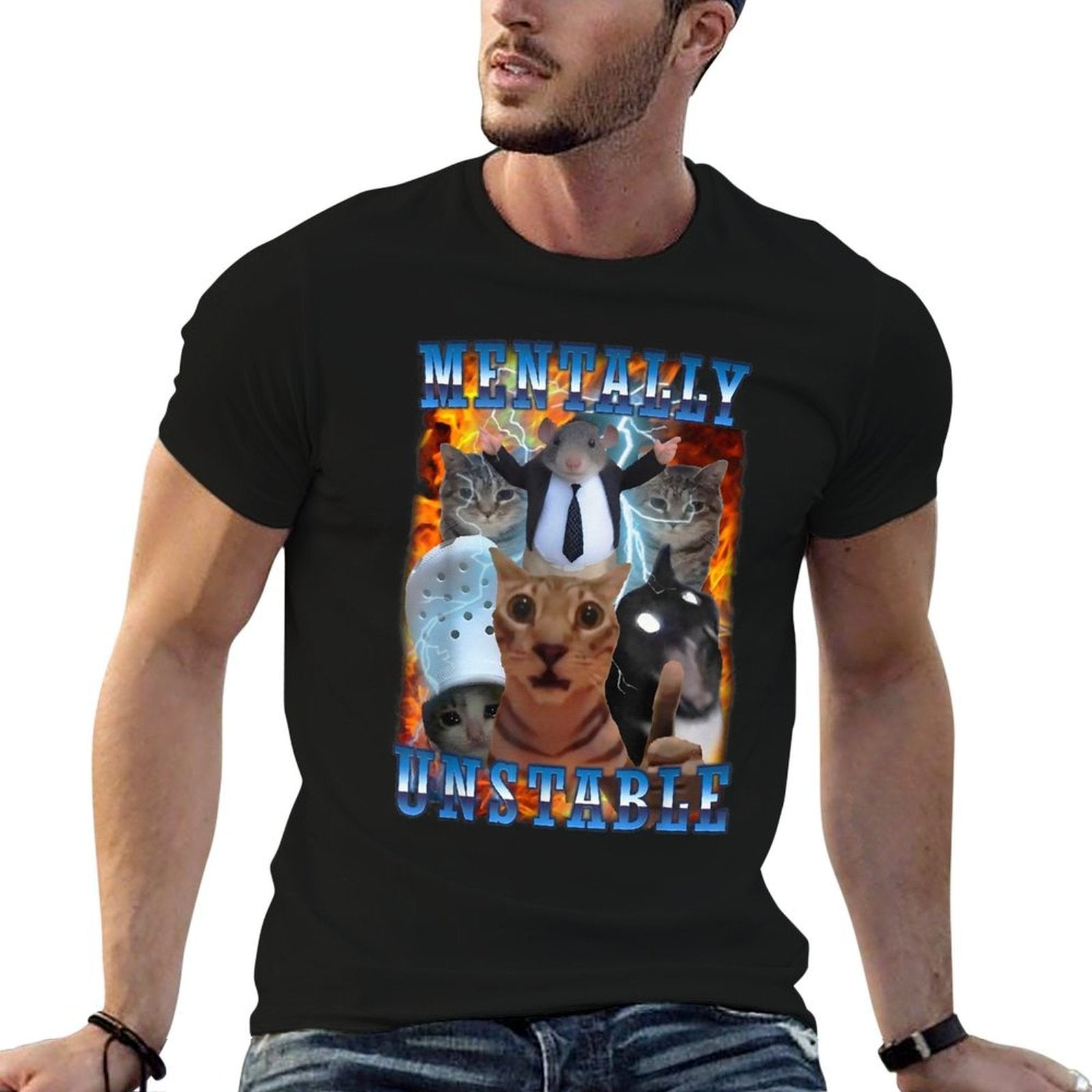 Mentally Unstable Cat  Rolled Sleeves T-Shirt