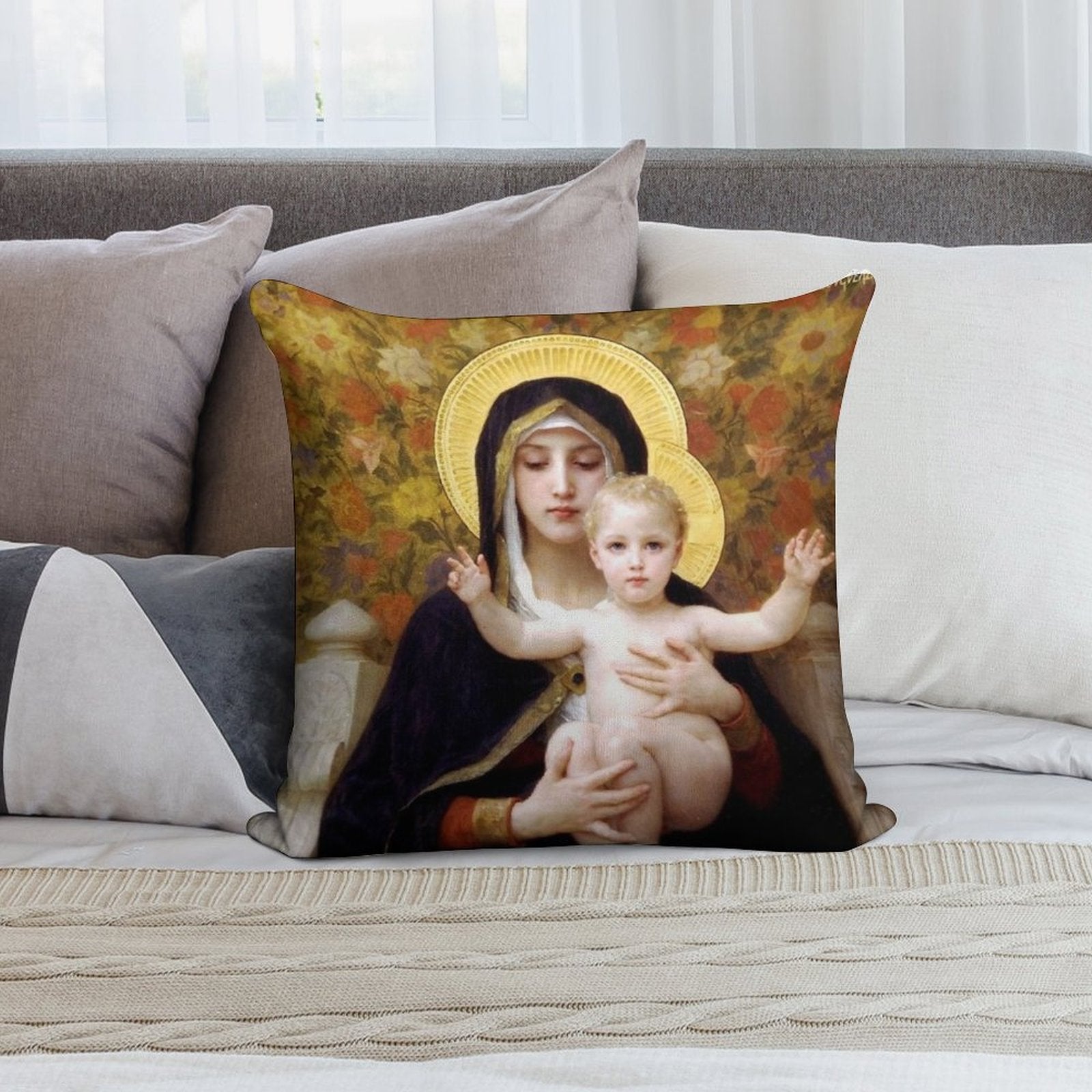 Our Lady Virgin of The Lilies, Bouguereau Soft Decorative Cover Throw Pillow