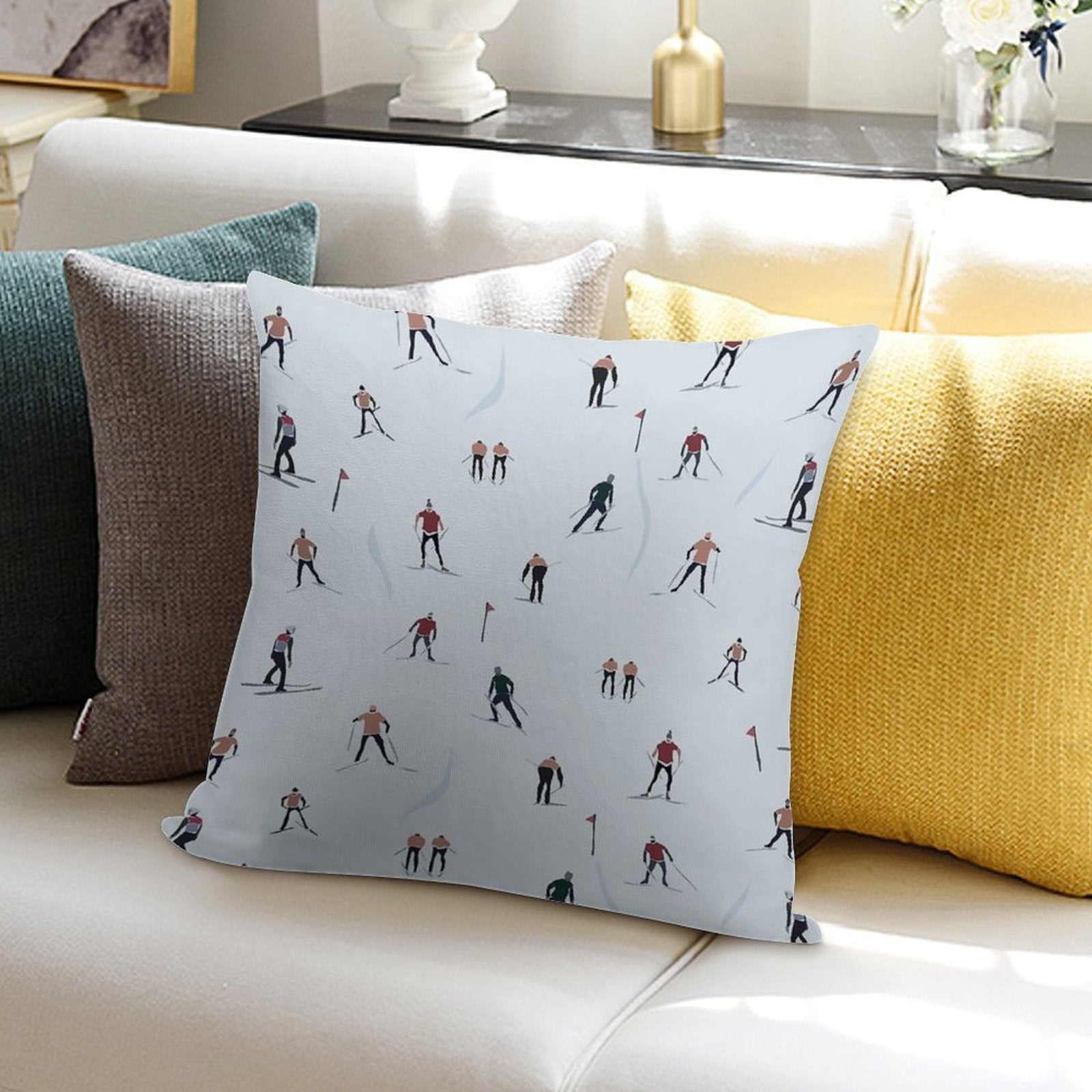 Skier Print Soft Luxury Feel Throw Pillow