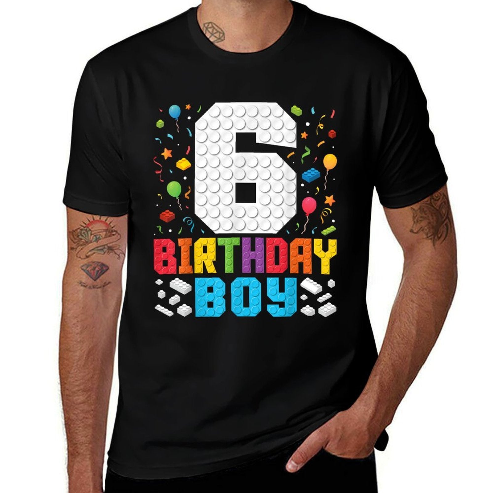 6th Birthday Boys Master Builder Six Years Blocks Building  Heathered Texture T-Shirt