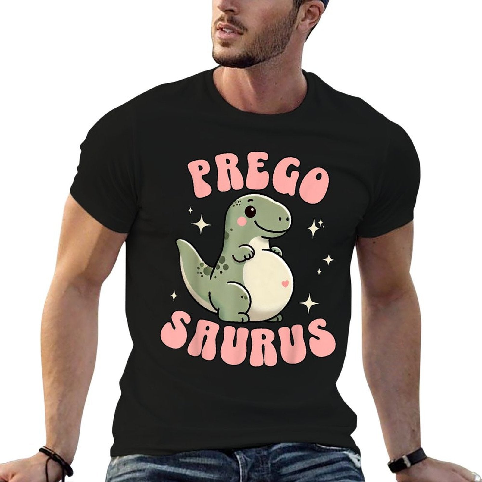Funny Pregnant Mom Expecting Mama To Bes Pregosaurus Cute Retro Mommy Dinosaur Pregnancy Announcement, Small, Black  Rolled Sleeves T-Shirt