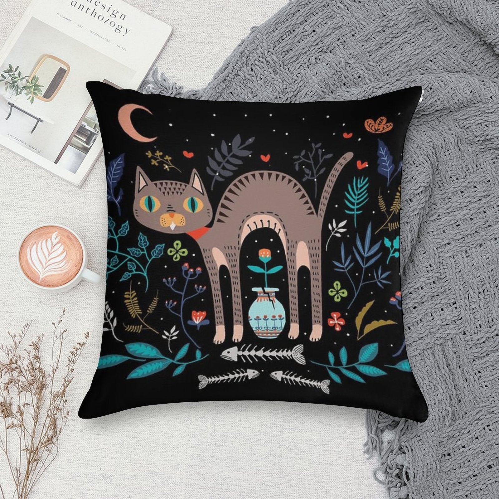 Floral And Cat at Night Soft Multiple Sizes Throw Pillow