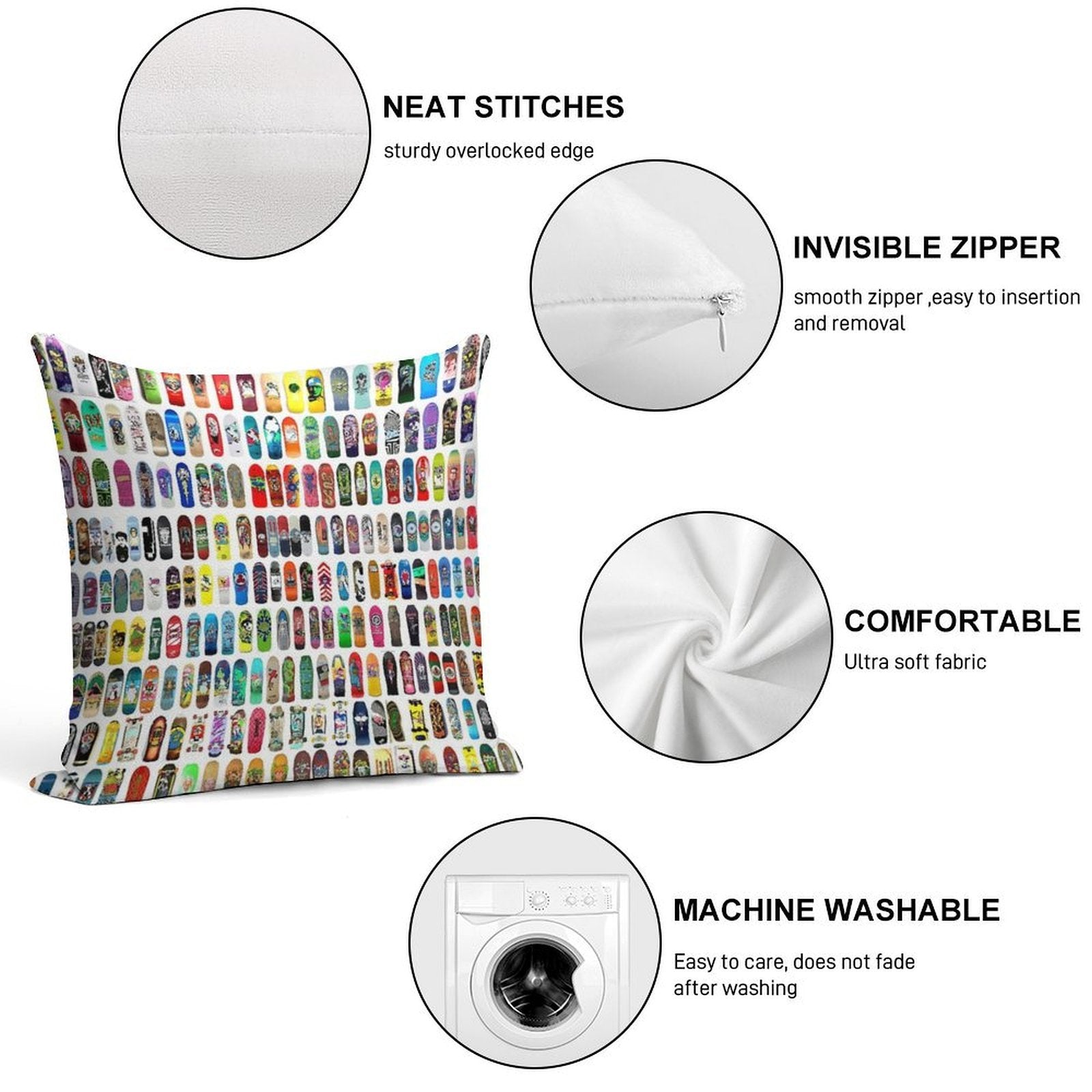 Vintage Skateboard Print Soft Gift Ready Throw Pillow