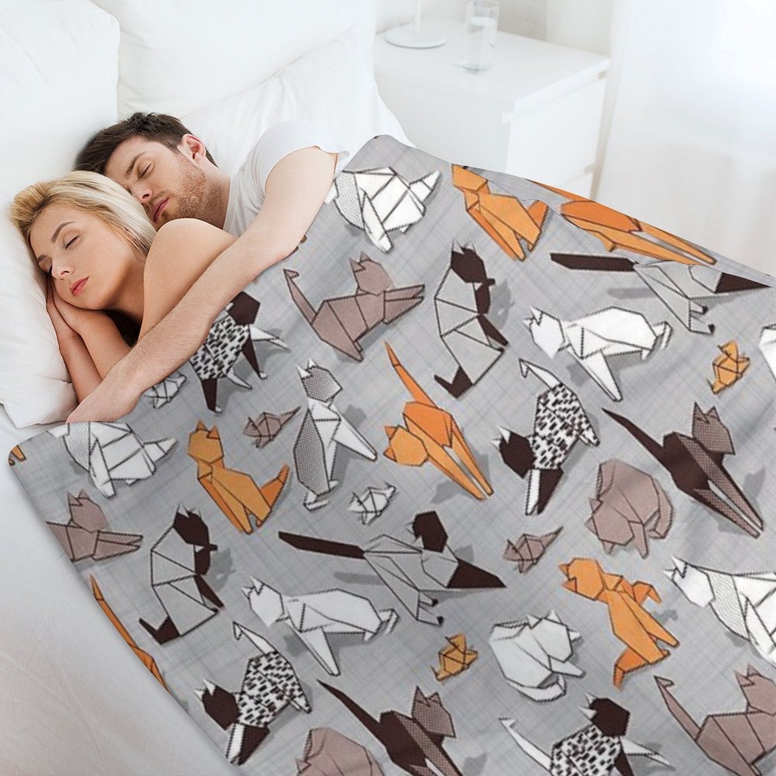 Origami Kitten Friends  Grey Linen Texture Background Paper Cats Sustainable Throw Blanket