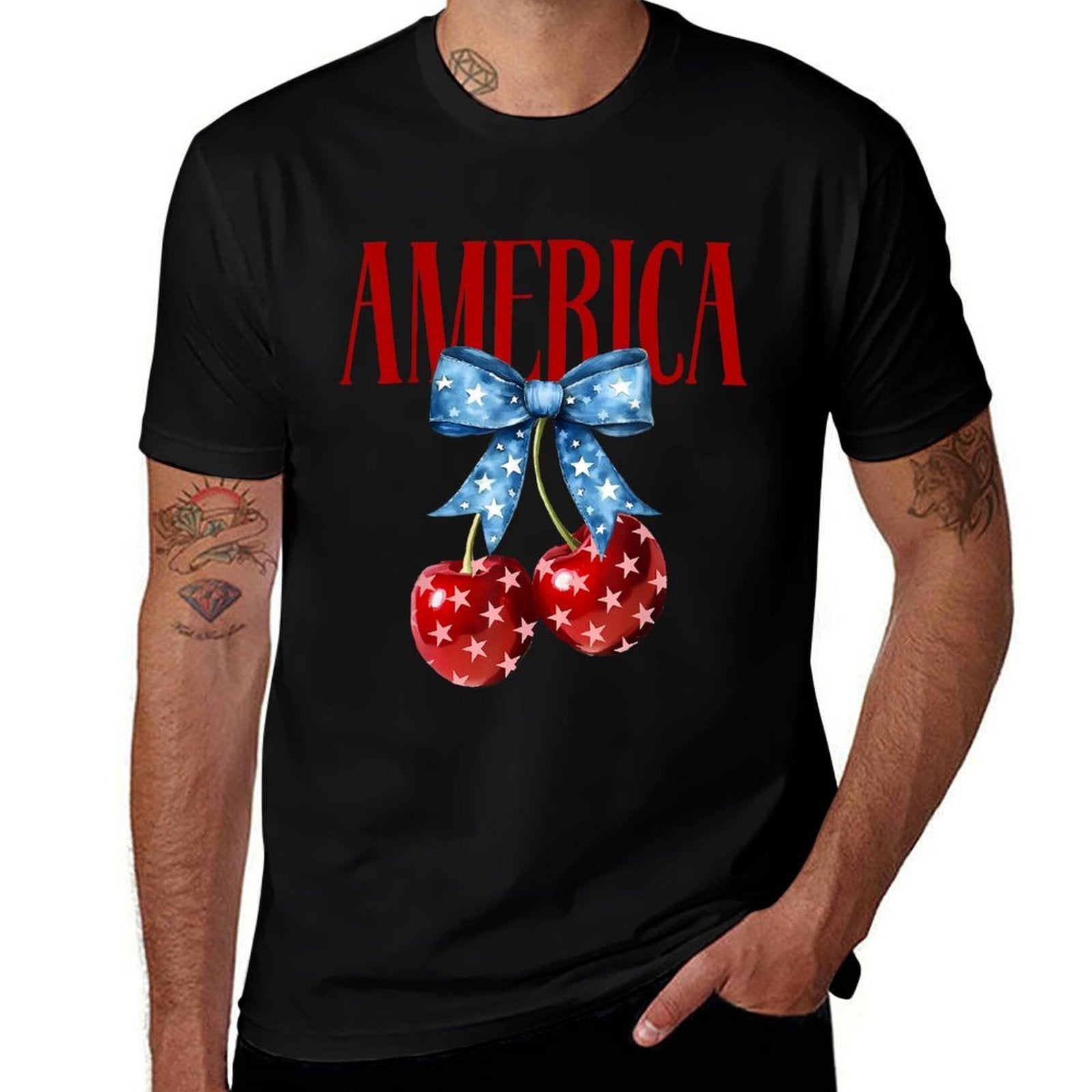 American Coquette Cherry Bow Patriotic USA 4th Of July  Eco-friendly Material T-Shirt