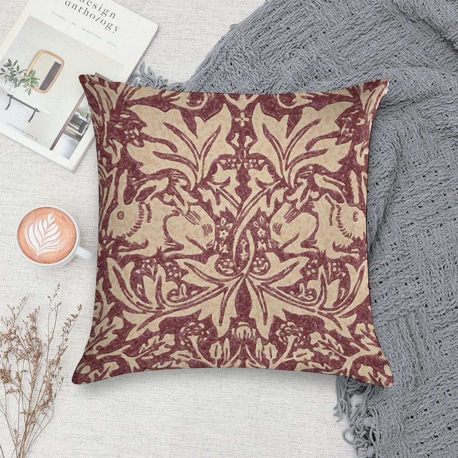 William Morris Brer Rabbit (burgundy) Pattern Soft Warmth Comfort Throw Pillow