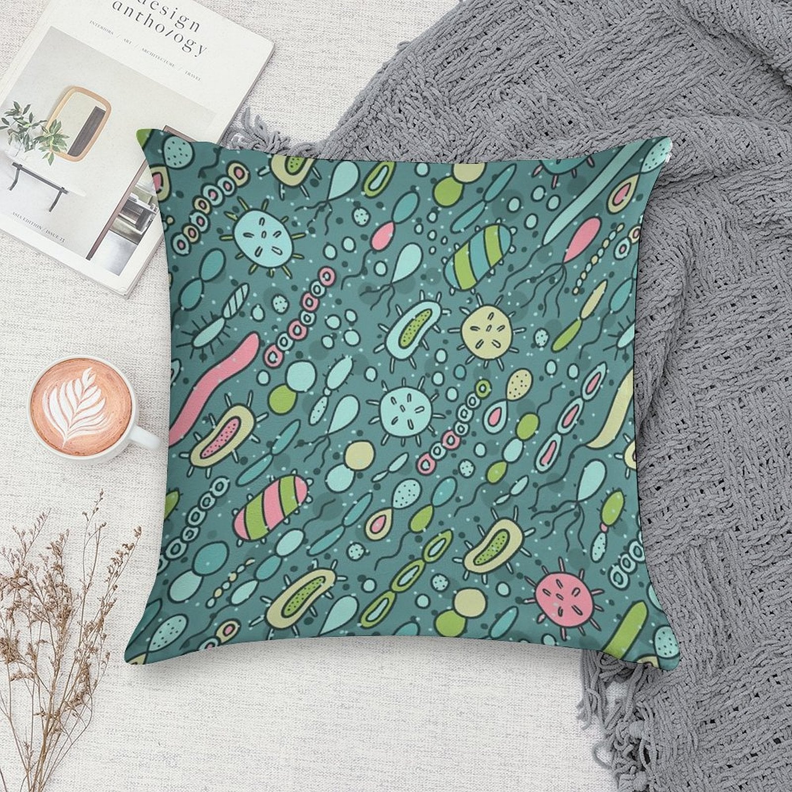 Microbes Pattern. Bacteria Design for Biology Lovers. Virus Illustration. Soft Anti-Pilling Throw Pillow