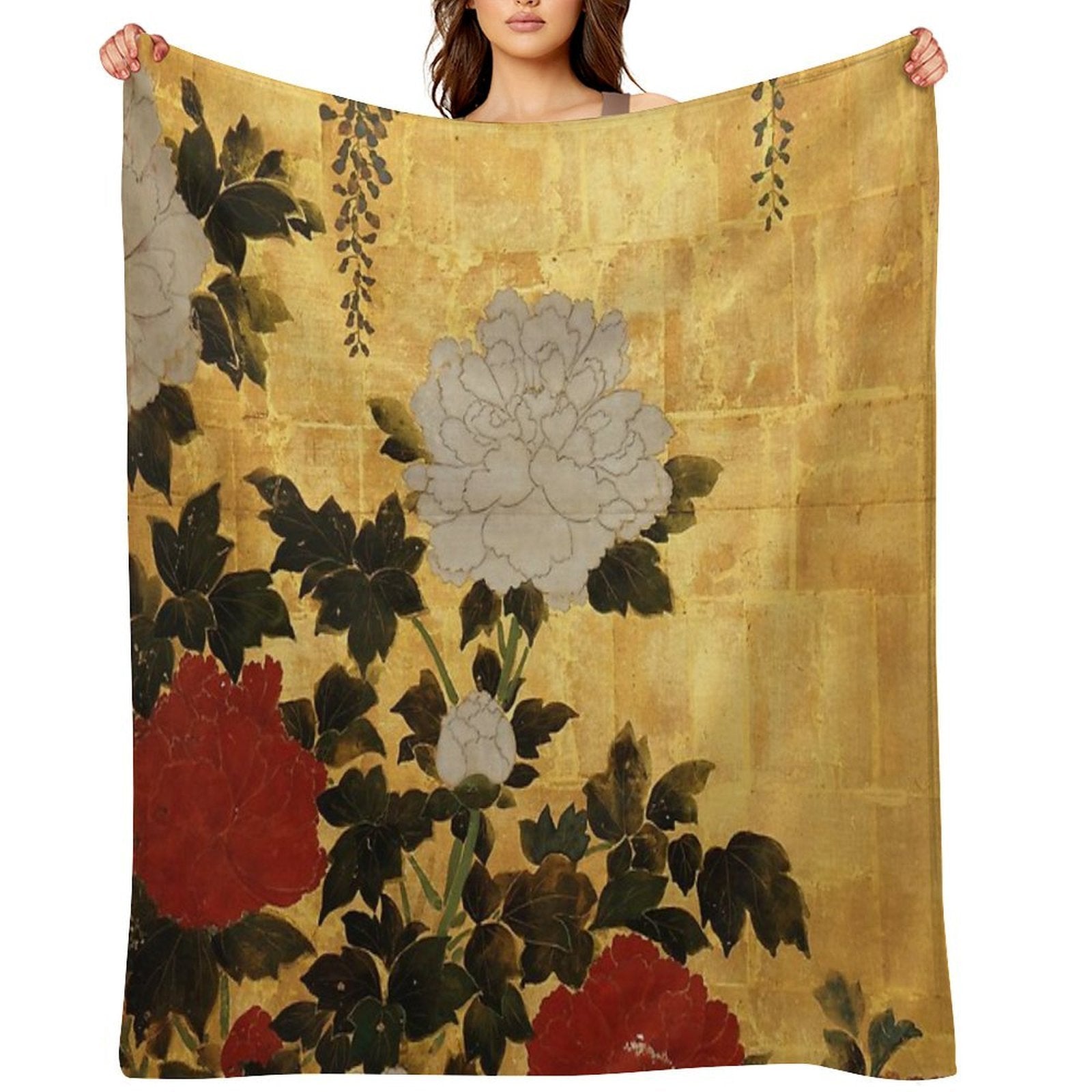 Vintage Japanese Floral Gold Leaf Screen With Wisteria And Peonies Versatility Throw Blanket