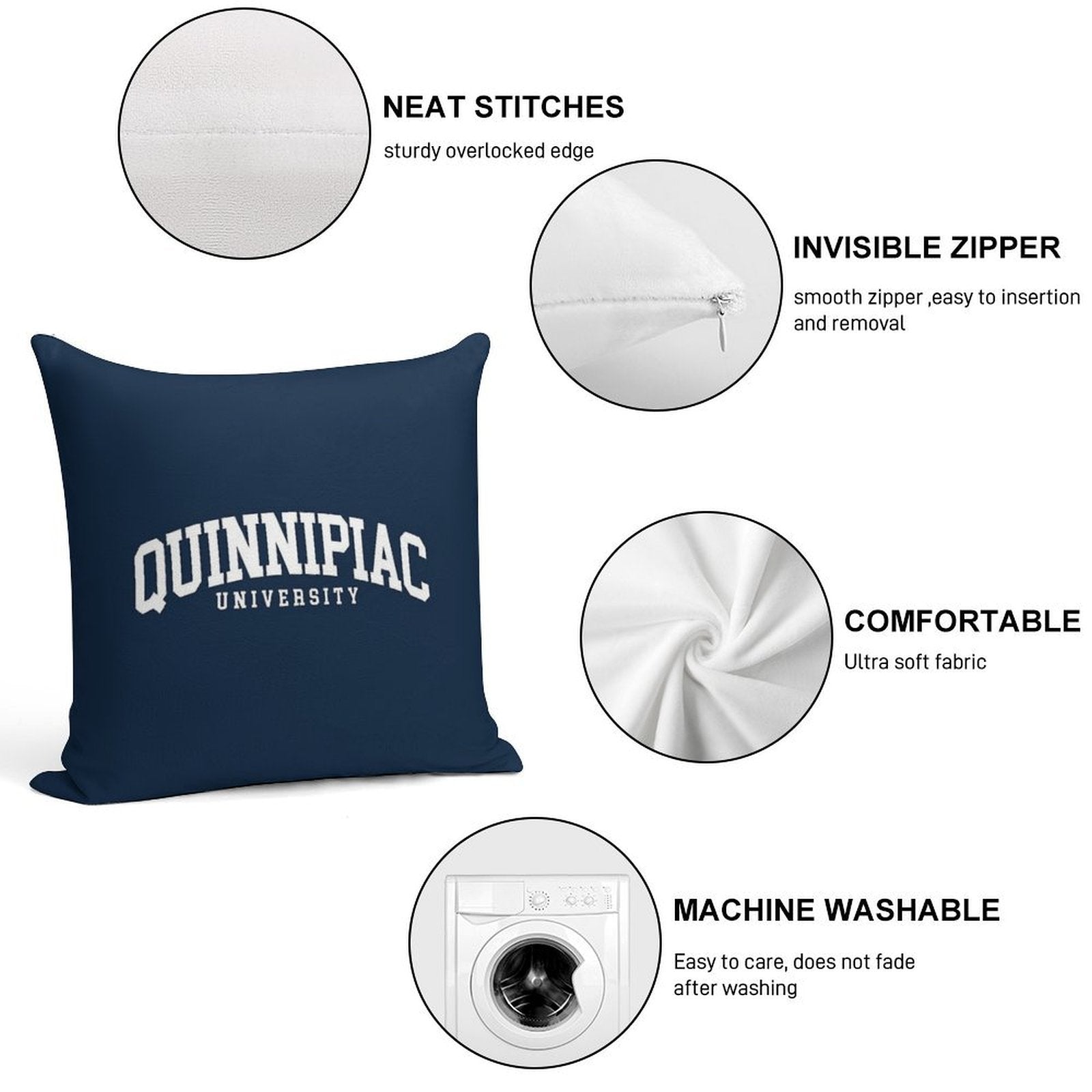 Quinnipac - College Font Curved Soft Hidden Zipper Throw Pillow