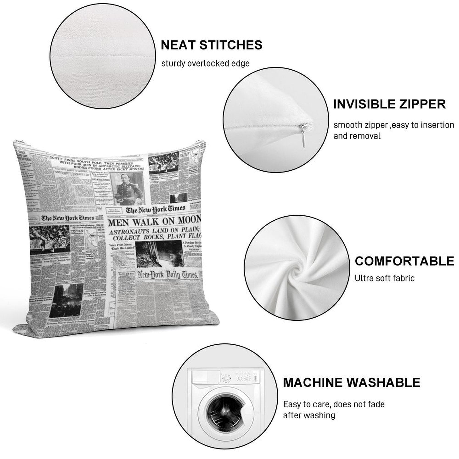 Newspaper Print [white] Soft Skin-Friendly Throw Pillow