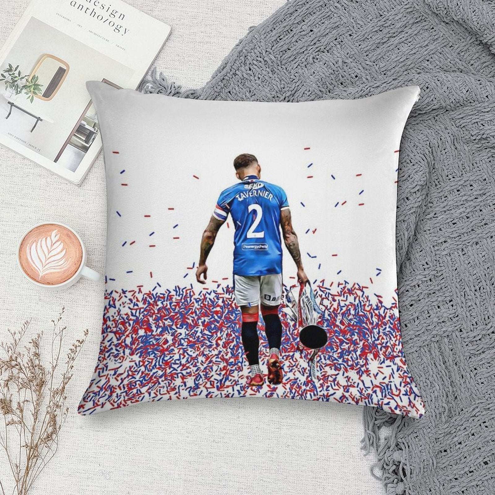 Rangers FC Captain James Tavernier with The 55th League Title Trophy Soft Shrink-Resistant Throw Pillow
