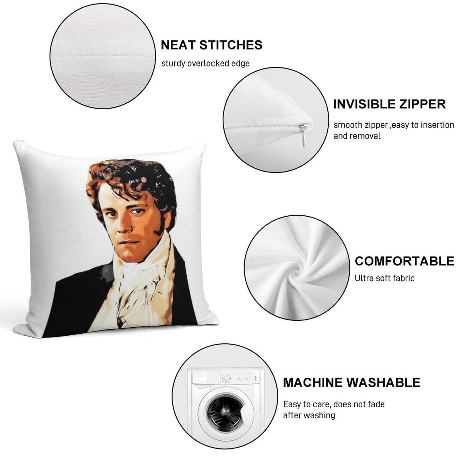 Mr Darcy, Pride And Prejudice Art Print Cartoon Effect Soft Short Plush Fabric Throw Pillow