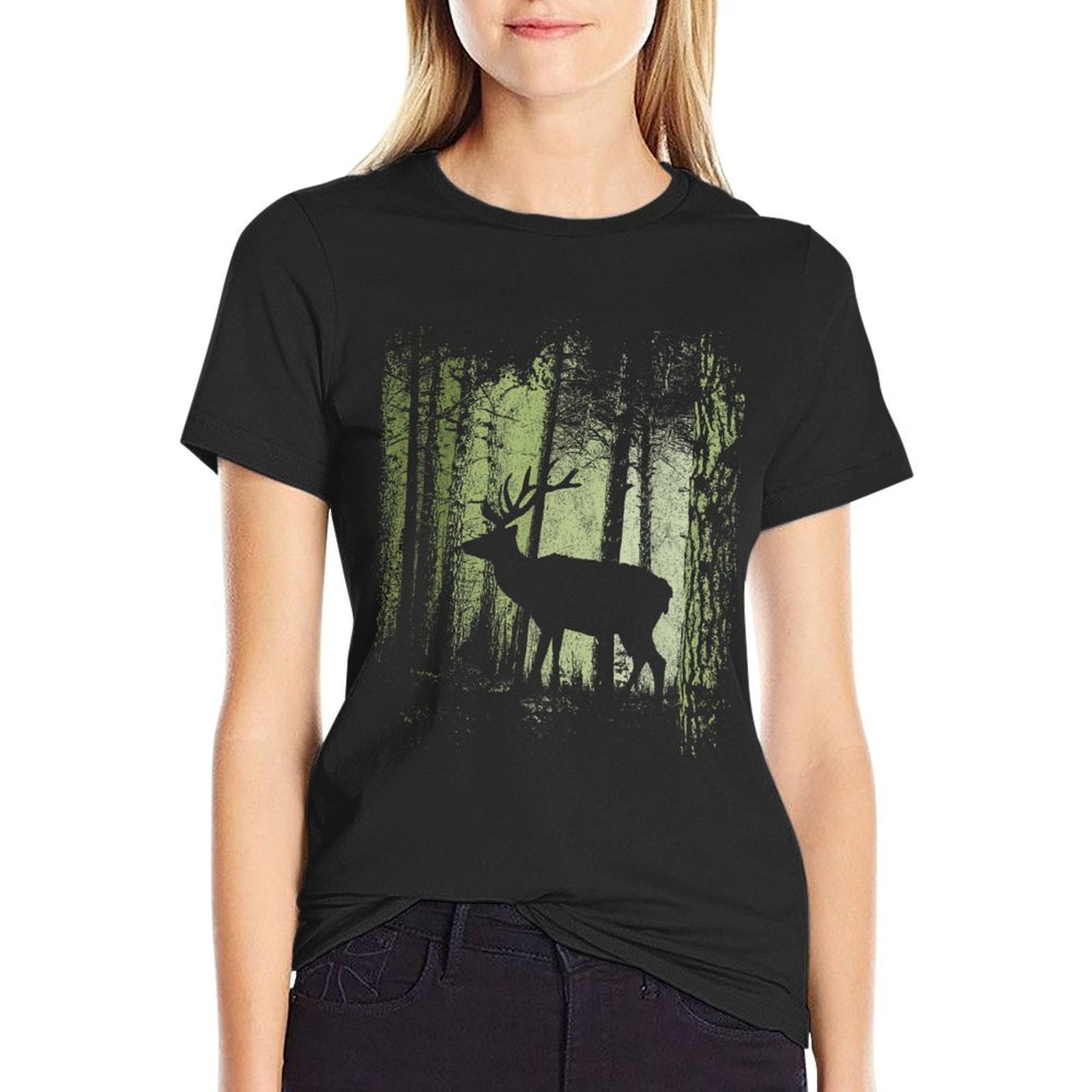 Twilight Forest Wildlife Deer Stag Silhouette  Rolled Sleeves T-Shirt