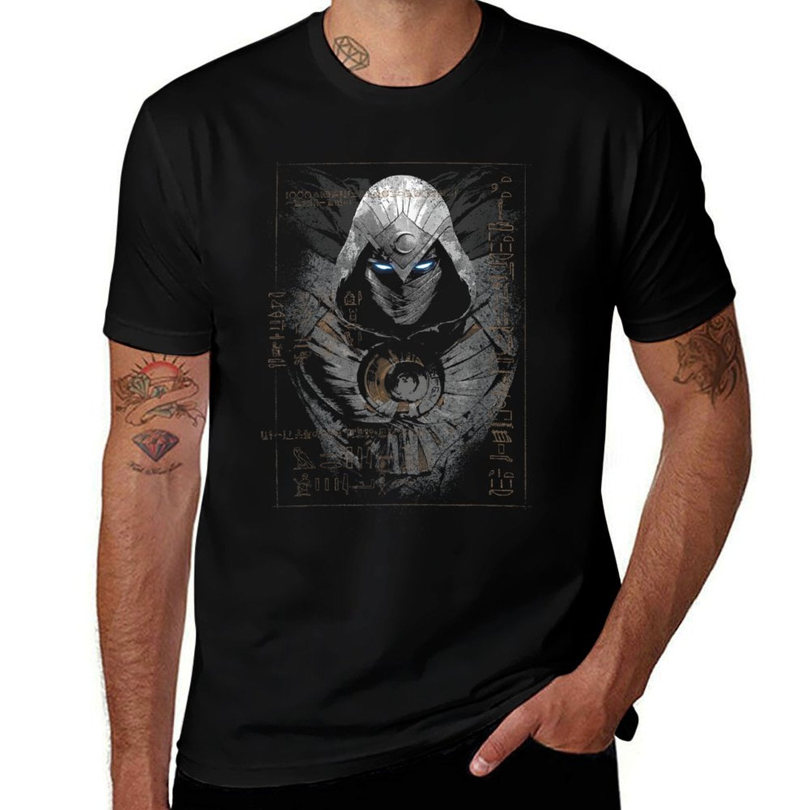 Marvel Moon Knight Glowing Eyes Egyptian Hieroglyphs  Rolled Sleeves T-Shirt