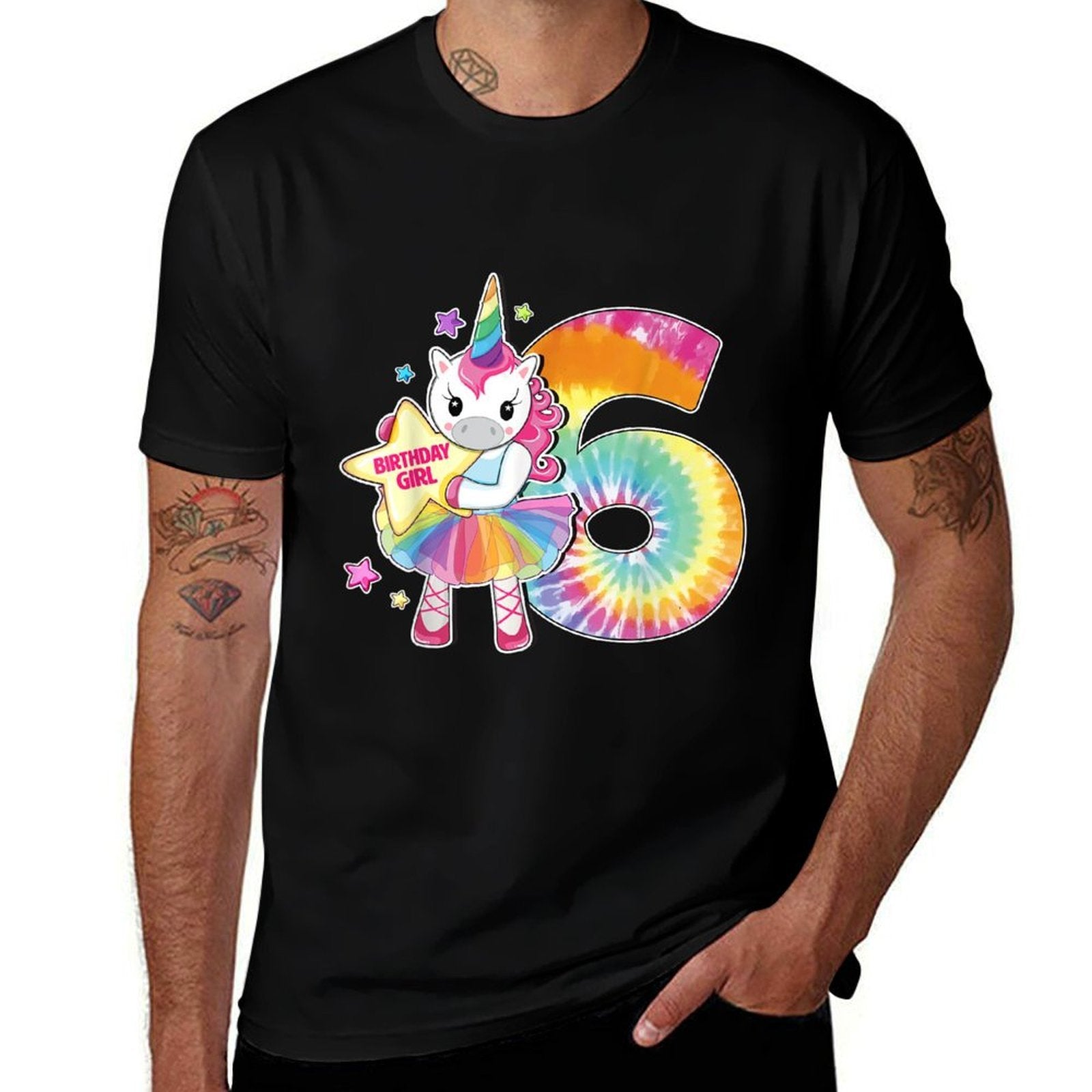 6th Birthday Unicorn Gift for Girls Age 6 Tie Dye  Cotton T-Shirt