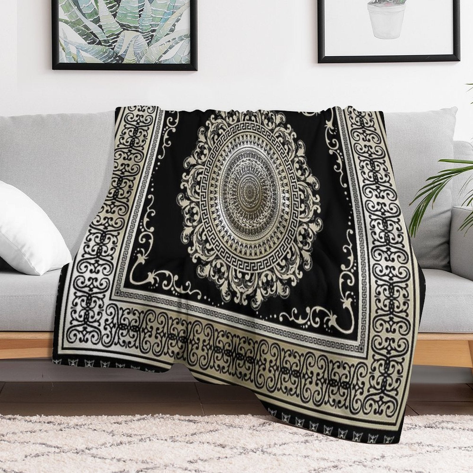 Ornate Greek Key Medallion Khaki And Black Durable Throw Blanket