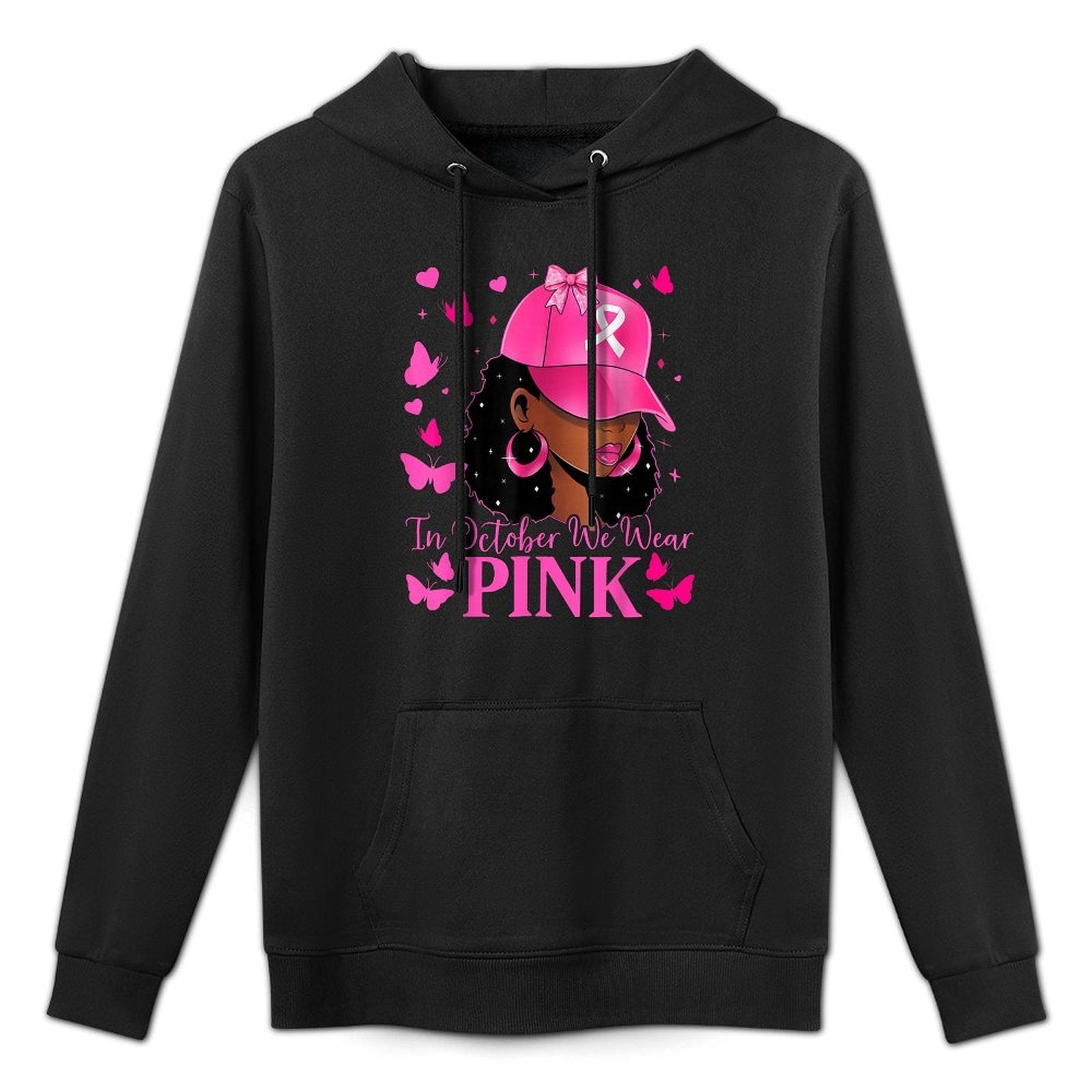in October We Wear Pink Black Women Breast Cancer Awareness Cotton-Polyester Blend Hoodie