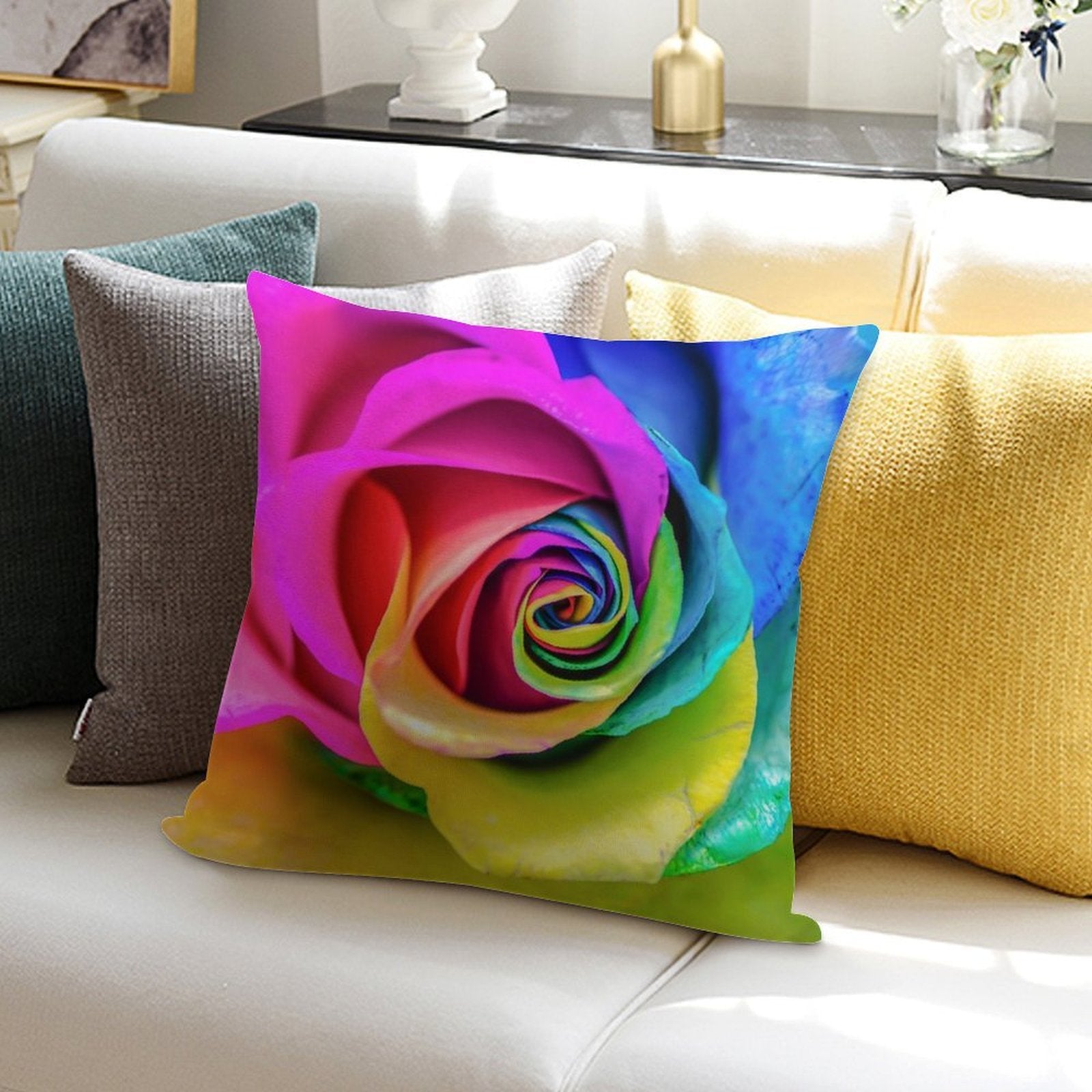 Rainbow Rose Soft Short Plush Fabric Throw Pillow