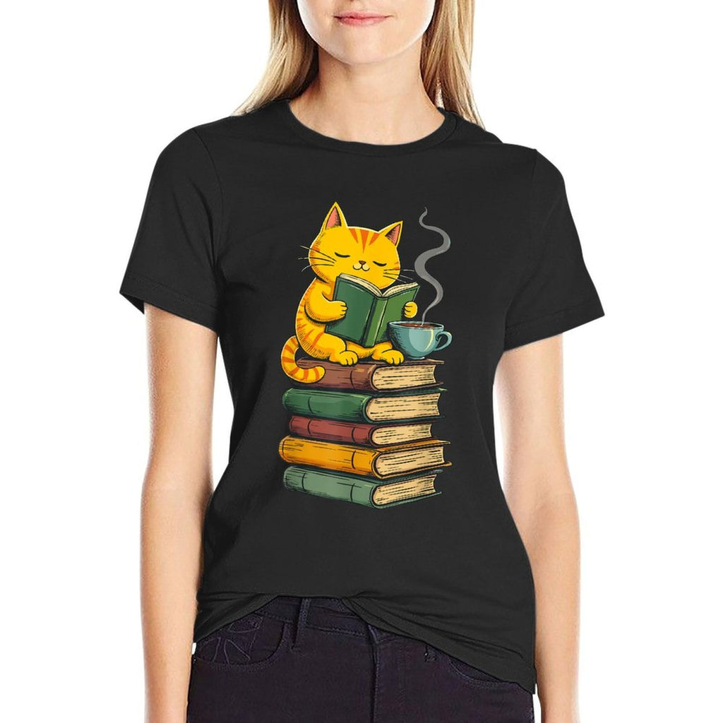 Kawaii Cats Lover Coffee Books Teacher Librarian Cat  Slim-fit Cut T-Shirt