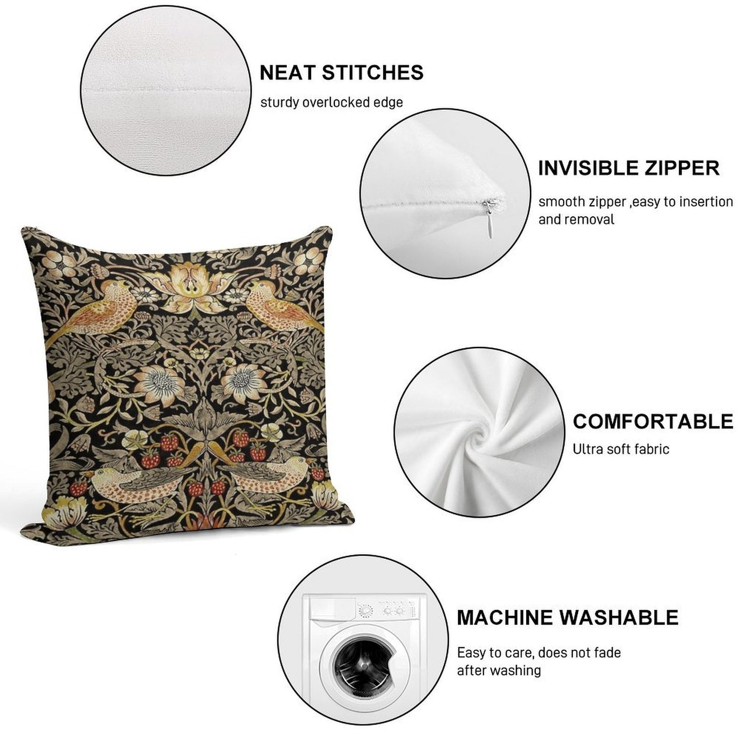 William Morris- Strawberry Thief Design Soft Reinforced Edging Throw Pillow