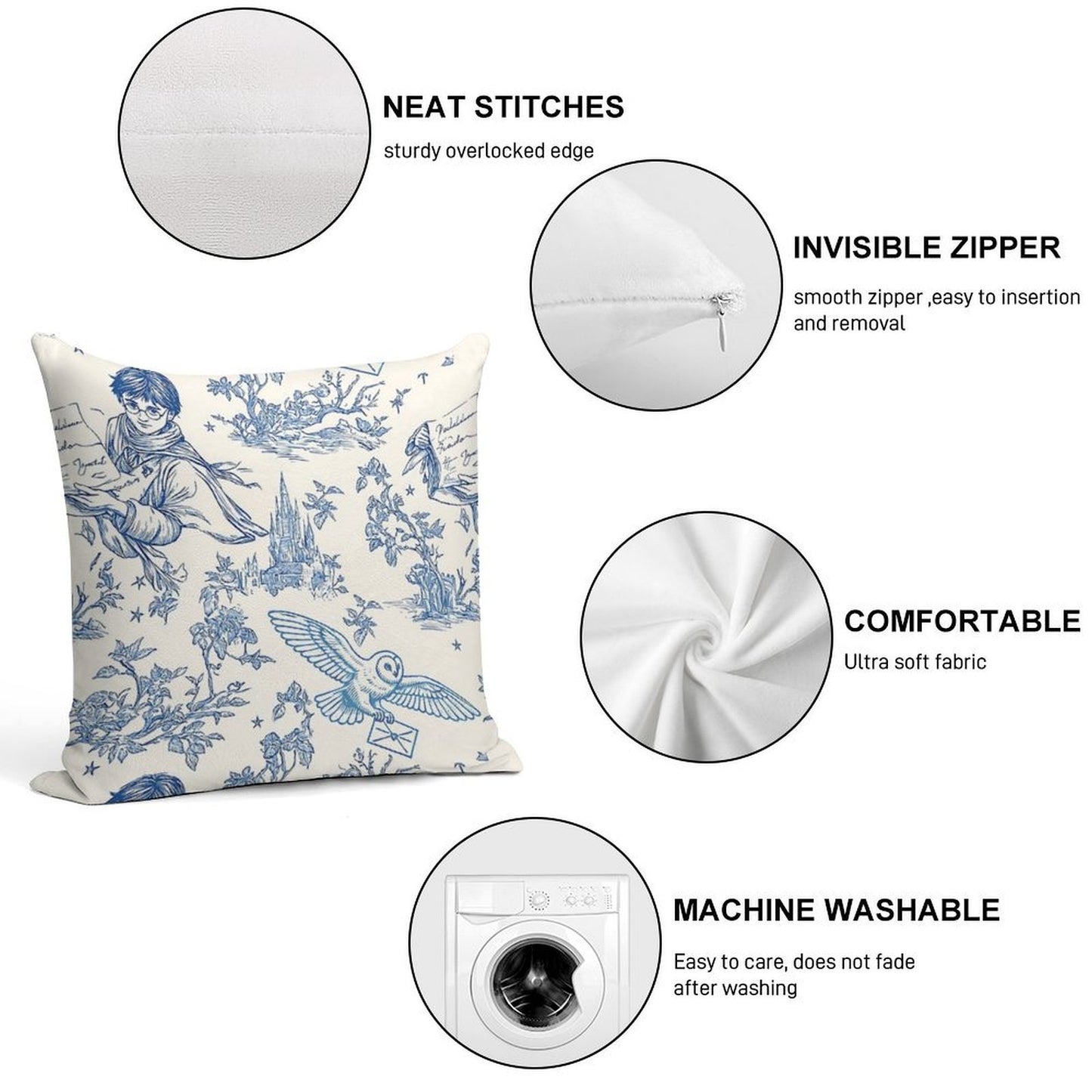 Wizarding World Pattern - Young Wizard And Owl Toile De Jouy Soft Anti-Pilling Throw Pillow
