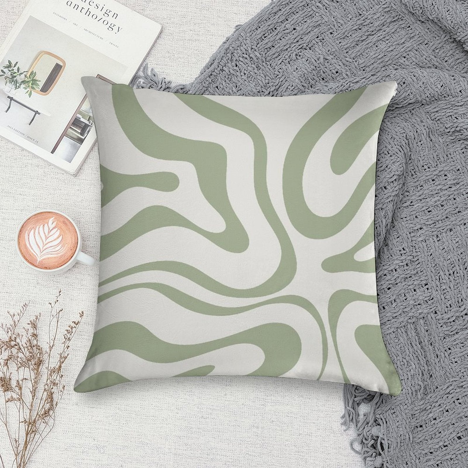 Modern Liquid Swirl Abstract Pattern in Sage Green Tones Soft Warmth Comfort Throw Pillow