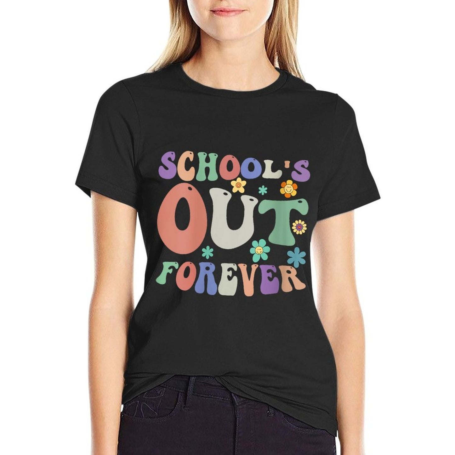 Womens Schools Out Forever Teacher Retirement Boho Flower  Summer-ready Fabric T-Shirt
