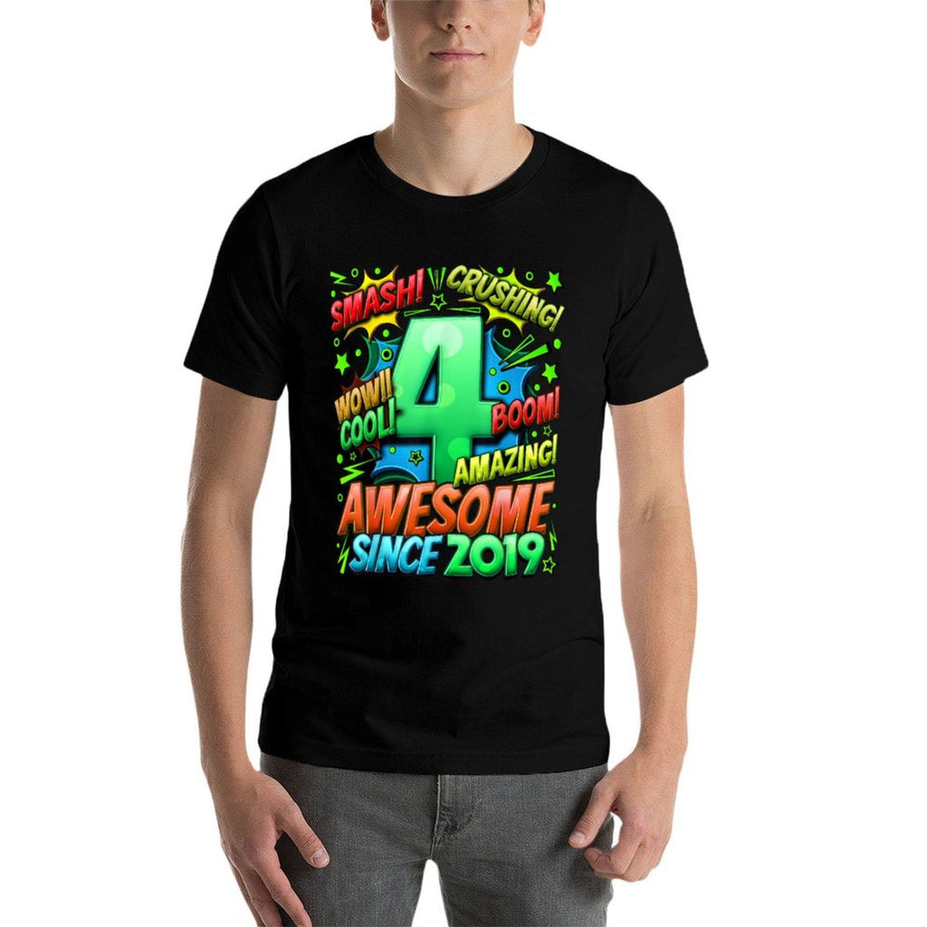 4th Birthday Comic Style Awesome Since 2019 4 Year Old Boy  Wrinkle-resistant T-Shirt