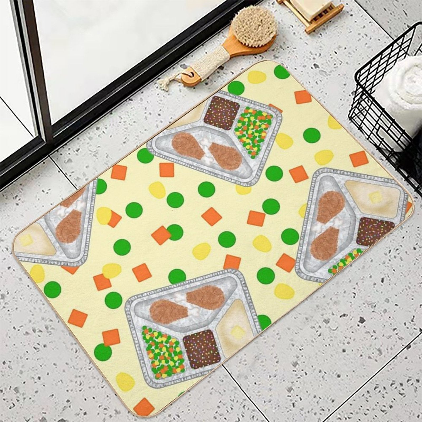 Retro 80’s TV Dinner Tray Food Fried Chicken Peas Corn Carrots On Light Pastel Yellow  Dirt-Trapping Bath Mat