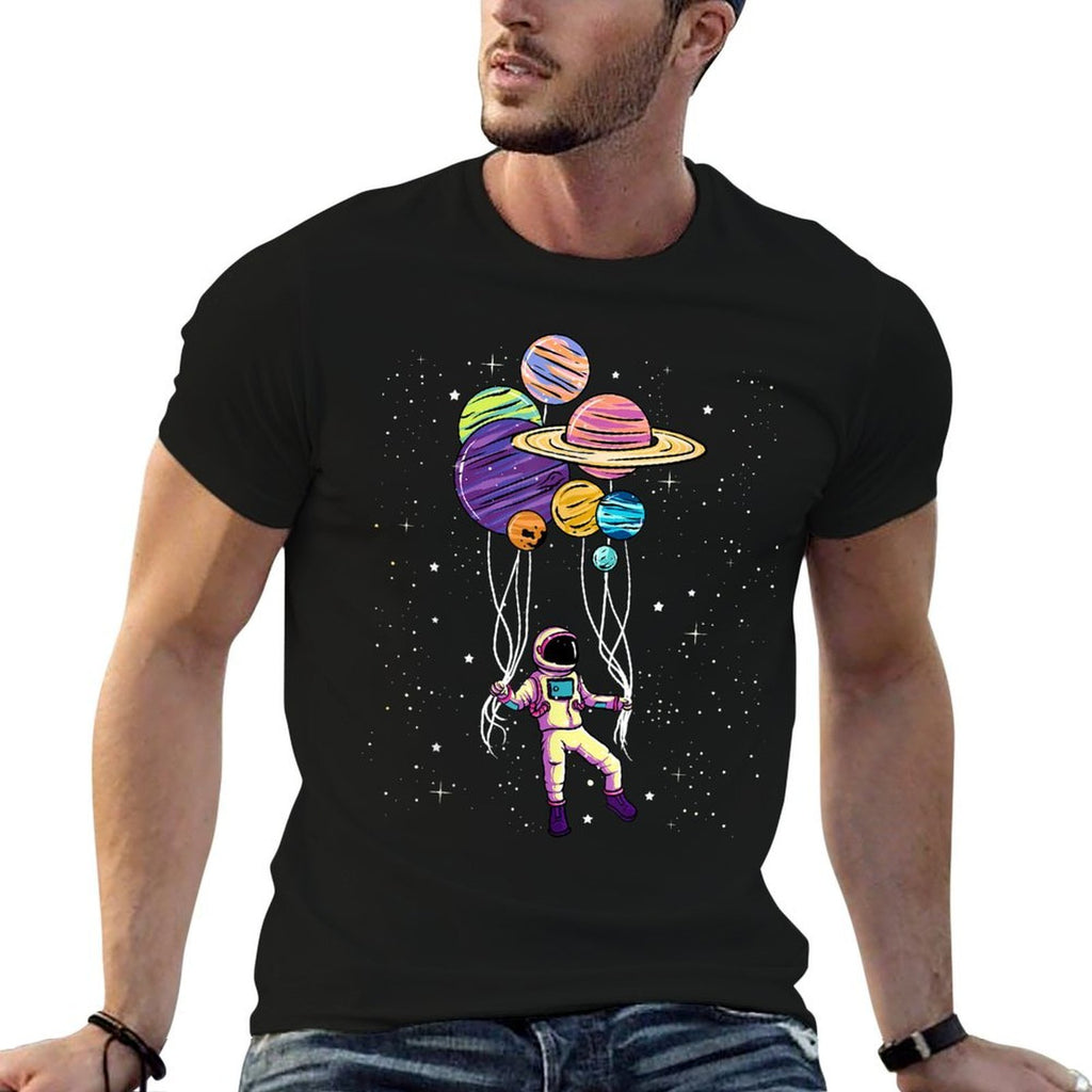 Astronaut Holding Planet Balloons Tshirt BoysGirls STEM Kids  Wrinkle-resistant T-Shirt