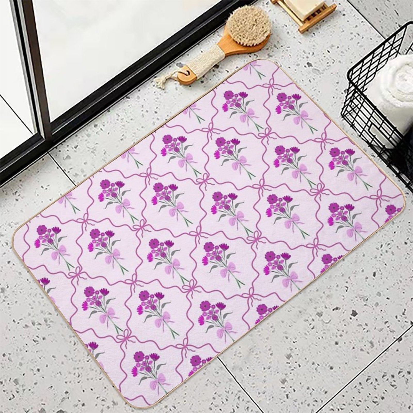 Pink Purple Flowers Branches on Pink Bakground  Rapid-Drying Bath Mat