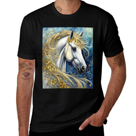 Womens Celestial White Horse in Night Sky Twilight And Flowers  Polyester Blend T-Shirt