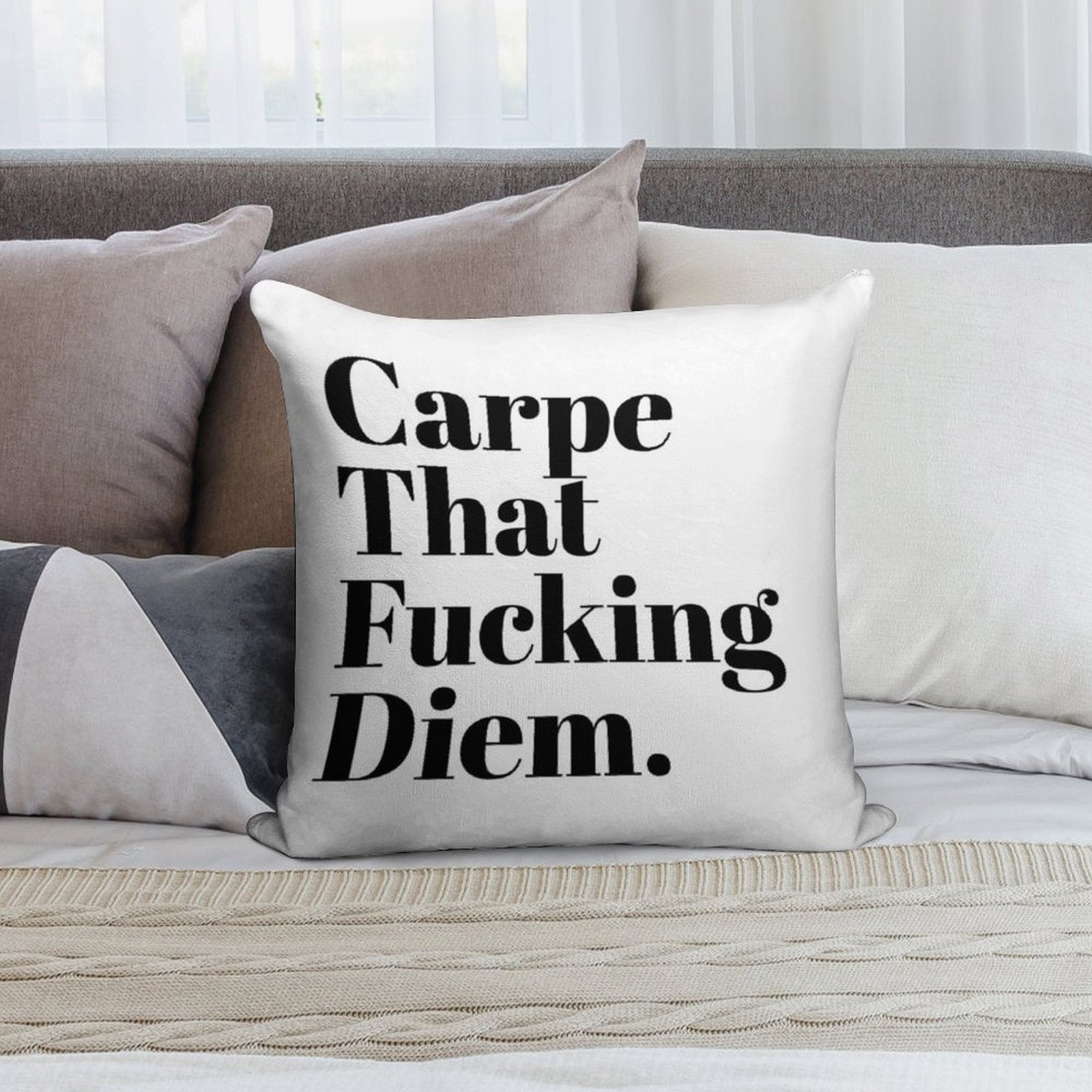 Carpe That Fucking Diem (White) Soft High-Density Material Throw Pillow