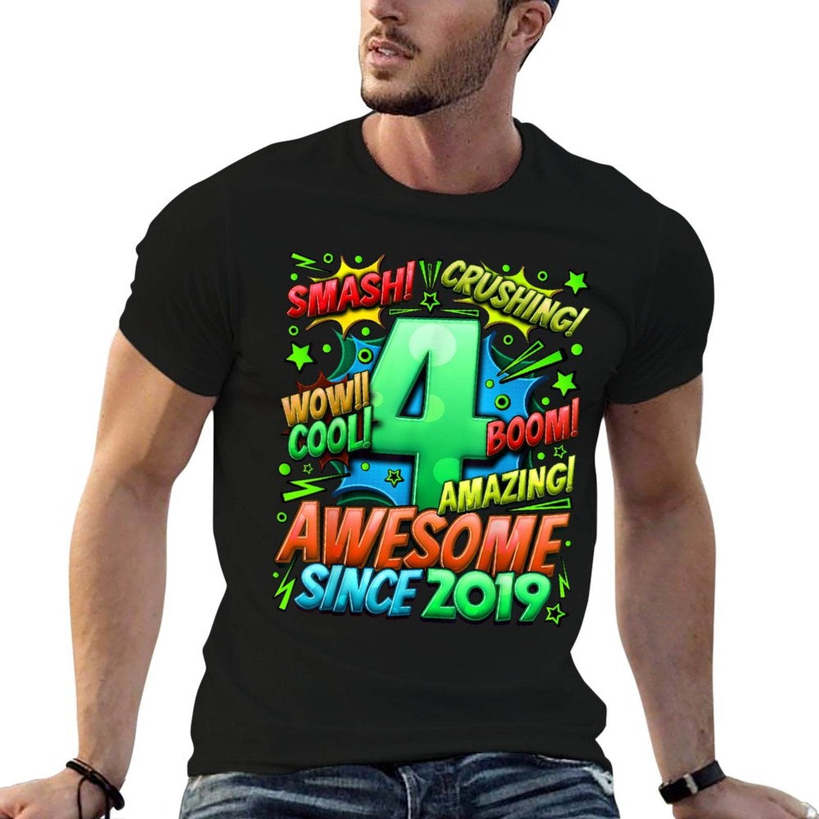 4th Birthday Comic Style Awesome Since 2019 4 Year Old Boy  Wrinkle-resistant T-Shirt