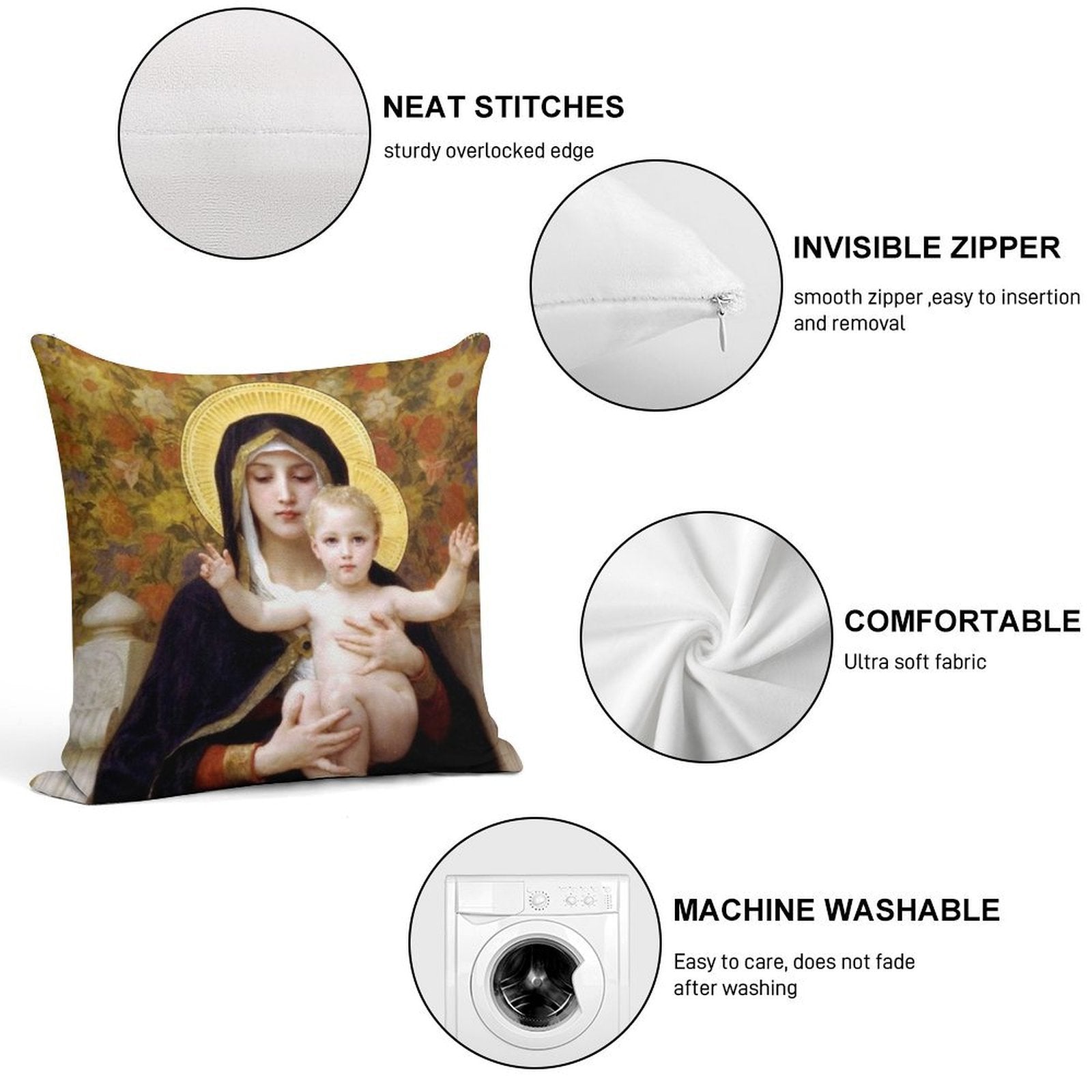 Our Lady Virgin of The Lilies, Bouguereau Soft Decorative Cover Throw Pillow