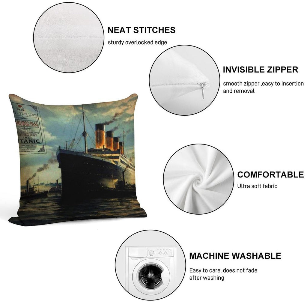 Vintage Titanic Ship with Boarding Pass Soft Fade-Resistant Throw Pillow