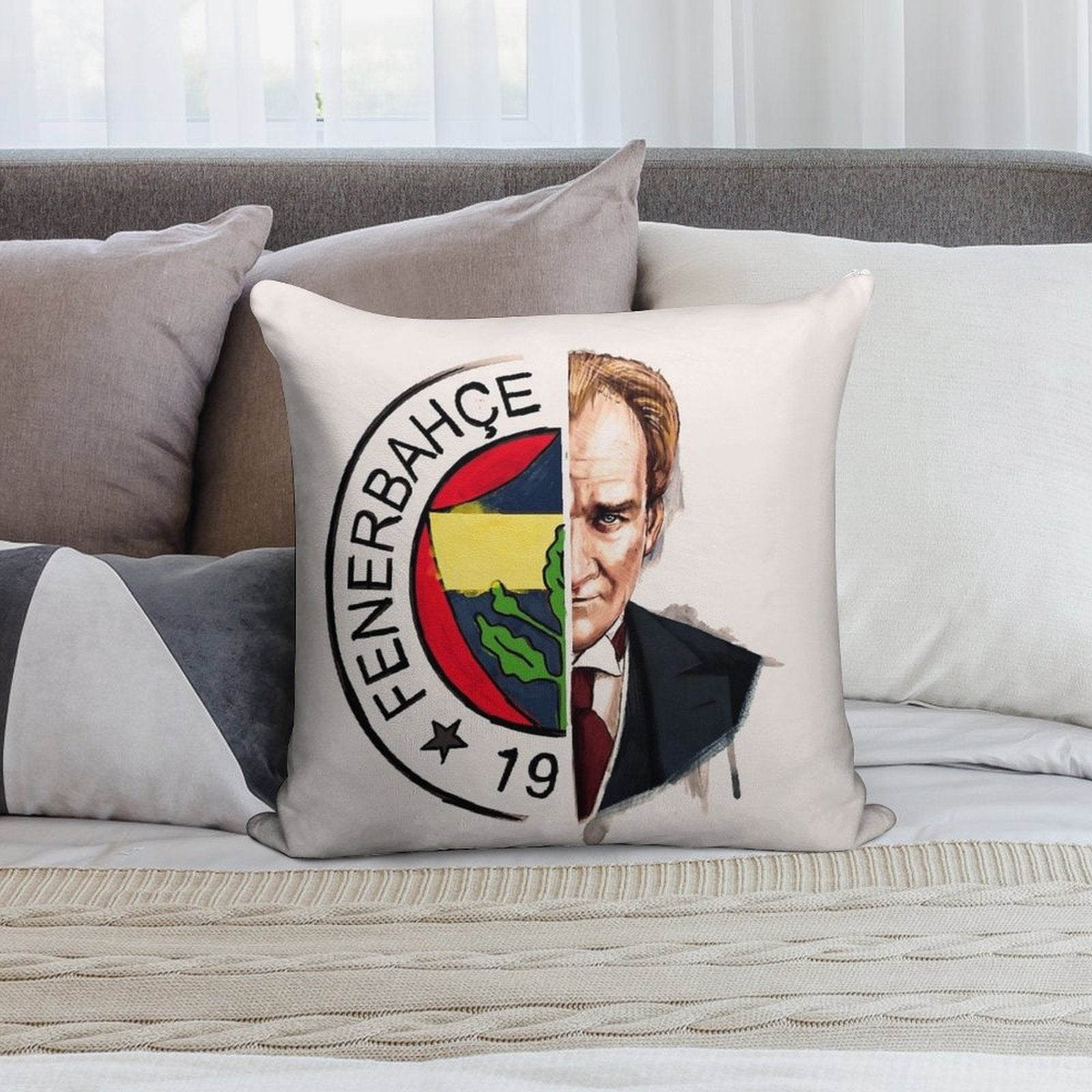 Fenerbahçe Ataturk Soft Short Plush Fabric Throw Pillow