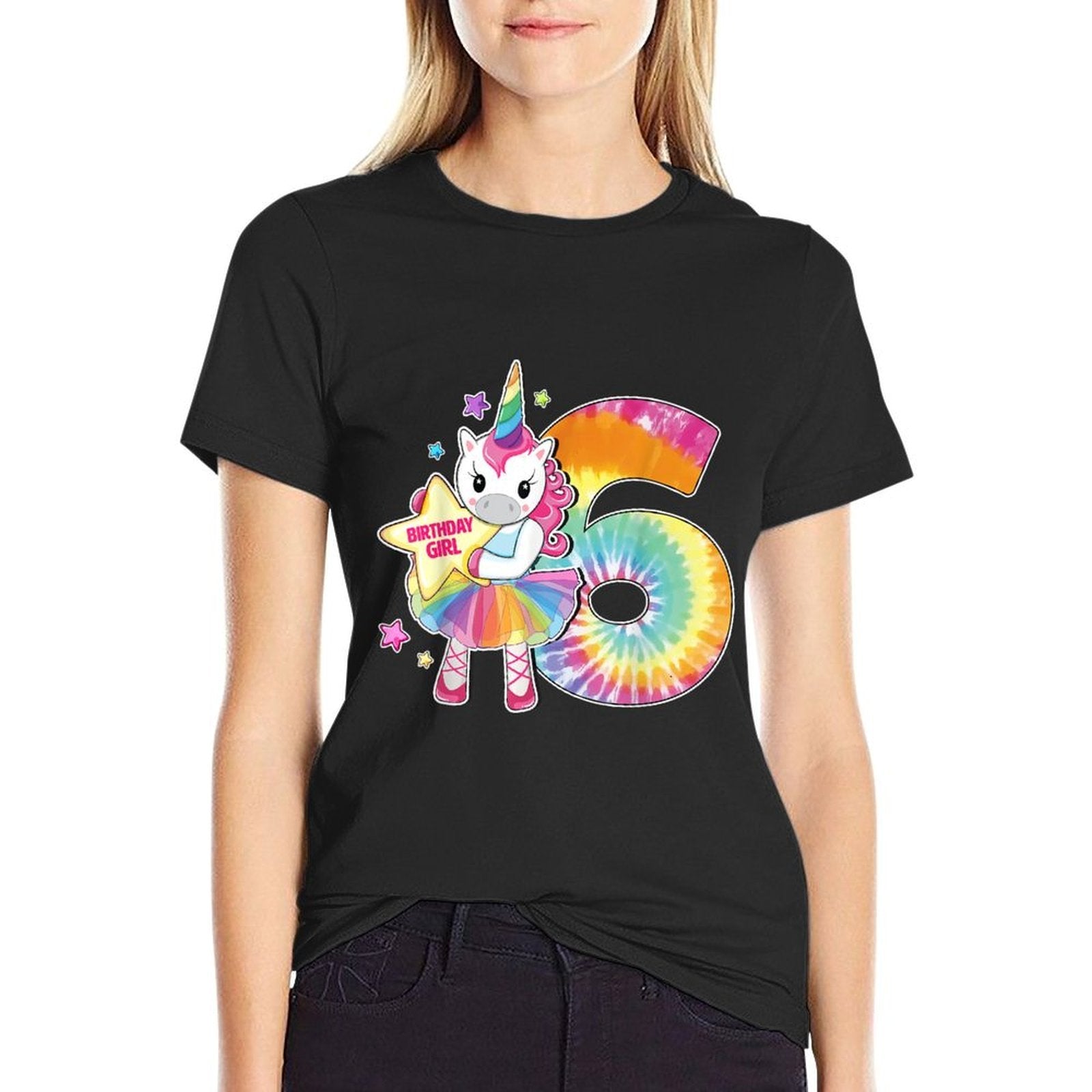 6th Birthday Unicorn Gift for Girls Age 6 Tie Dye  Cotton T-Shirt