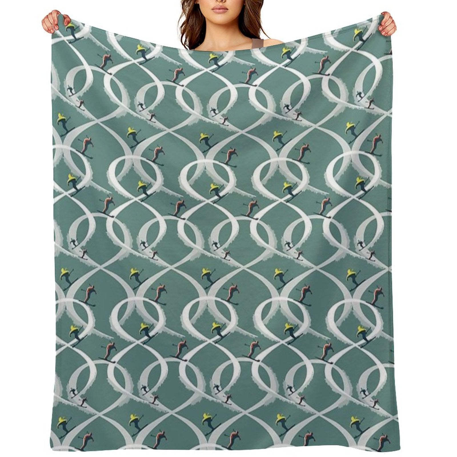 Mid Century Figure 8 Skiers in Retro Style on Teal Shrink-resistant Throw Blanket