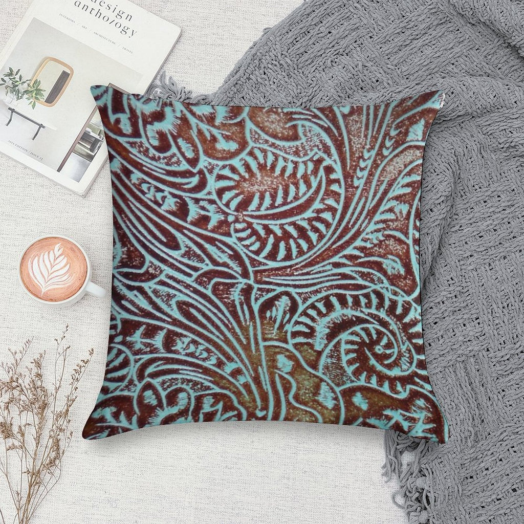 Aqua Brown Tooled Leather Pattern Soft Short Plush Fabric Throw Pillow