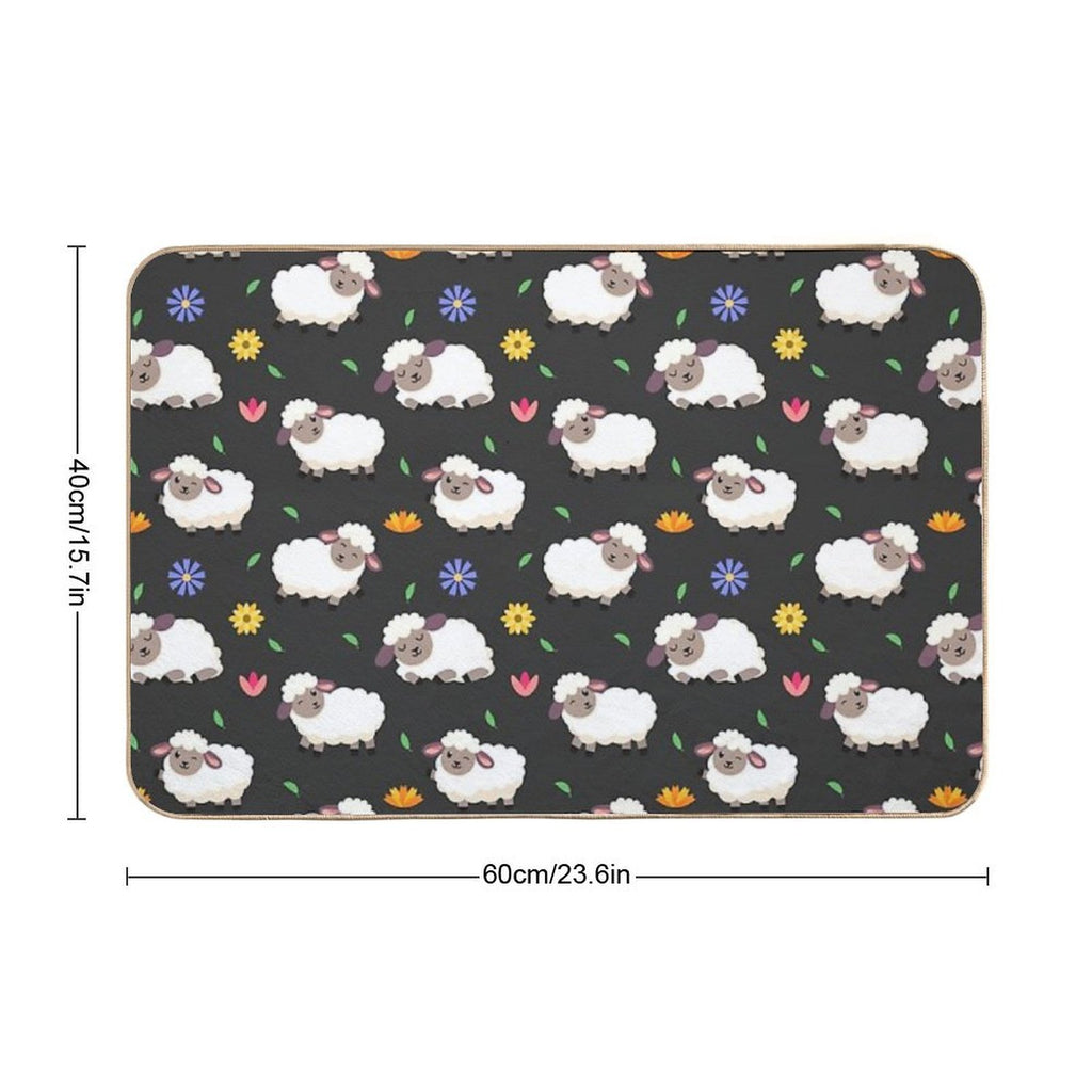 Sheeps And Flowers in Cartoon Style  Absorbent Bath Mat