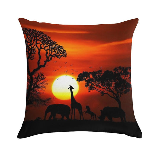 Wild Animals on African Savanna Sunset Soft Home Decor Throw Pillow