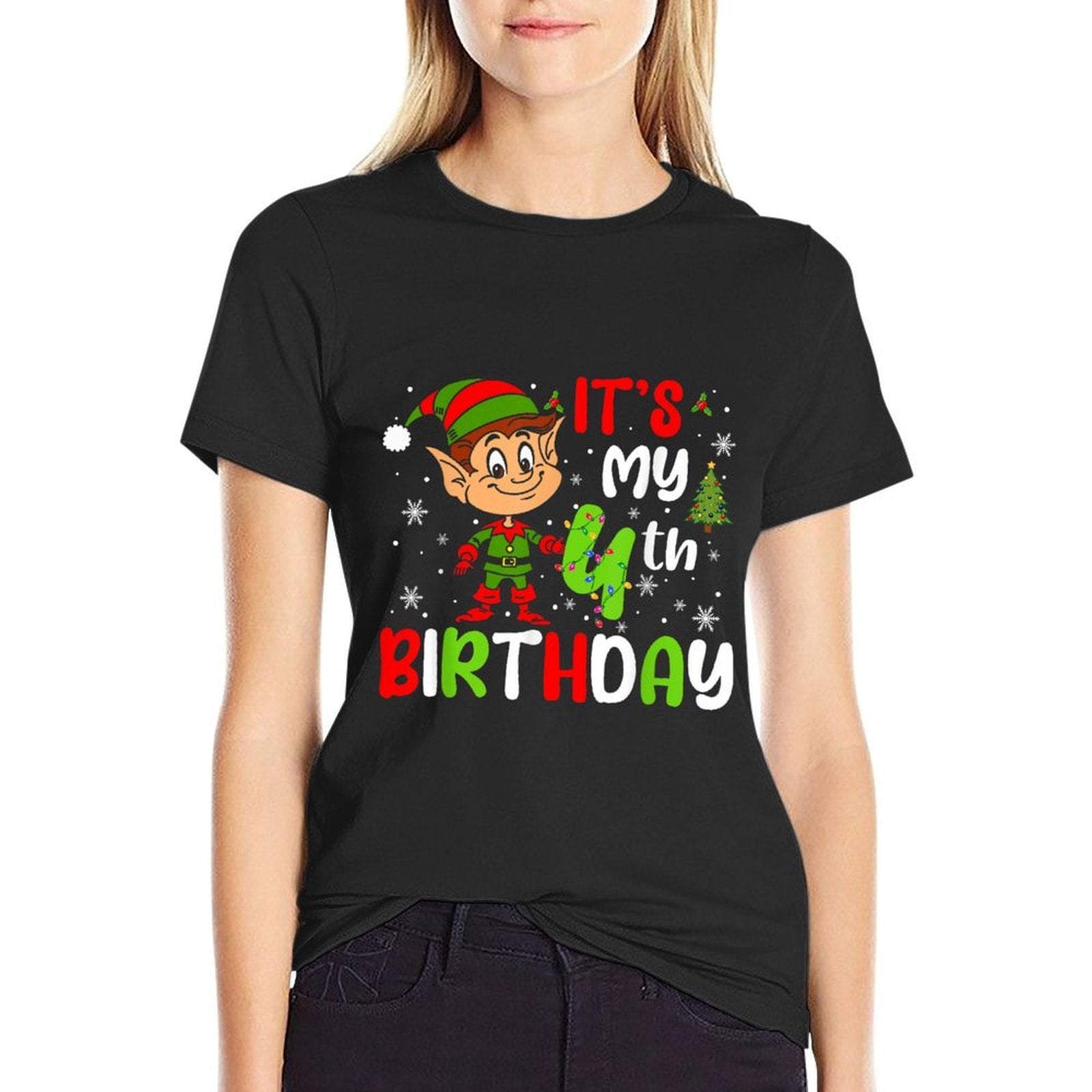 Its My 4th Birthday Christmas Elf 4 Years Old Birthday  Ribbed Collar T-Shirt