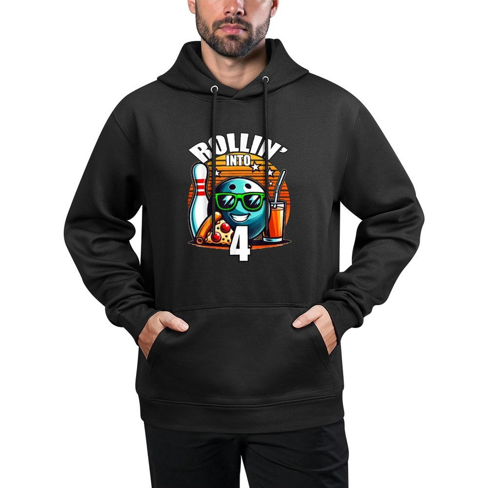 Rollin Into 4 Bowling Birthday Party 4th Birthday Retro Kids Versatile Streetwear Hoodie