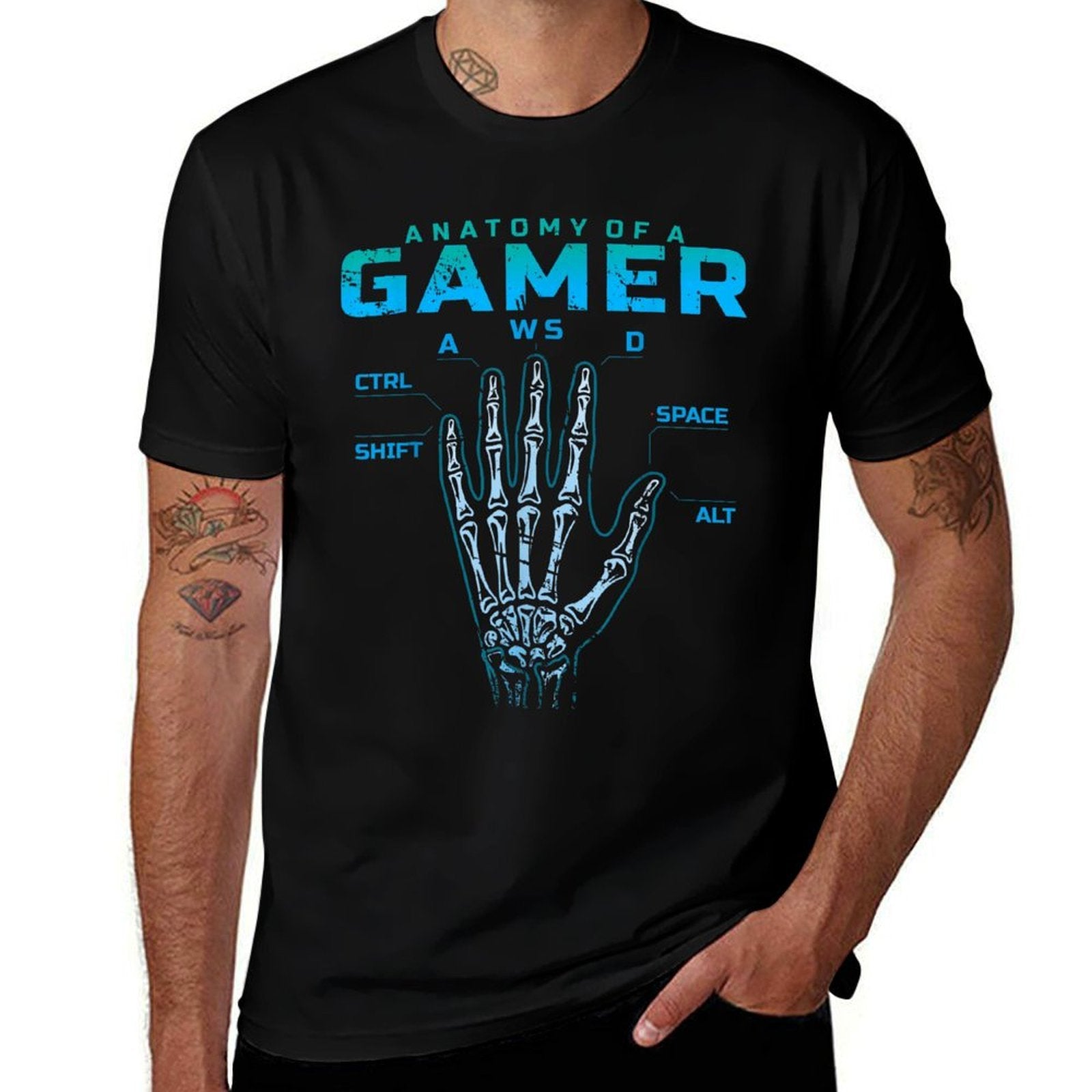 Anatomy of A Gamer Skeleton Hand Video Game WASD  Rolled Sleeves T-Shirt