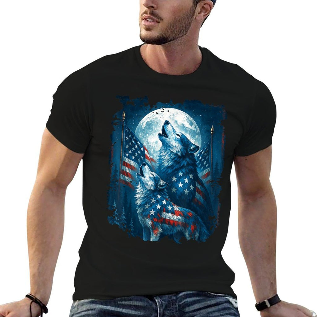 4th of July American Wolf Howling Moon Wolves July 4th  Tagless Design T-Shirt